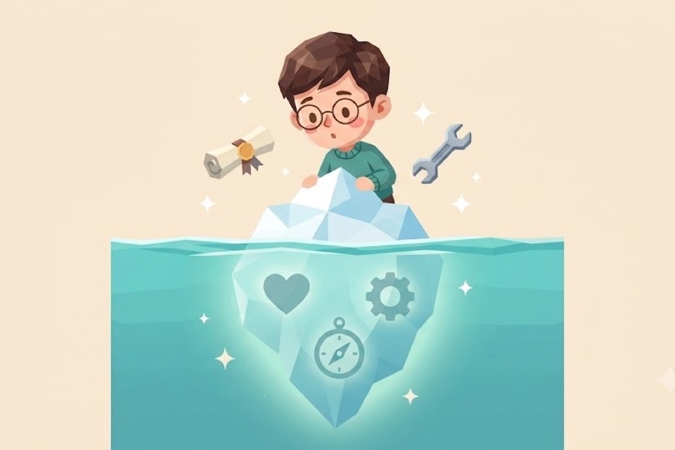 別只用專業技能找工作——職能冰山理論：水面下才是天賦——六型職場人格插畫