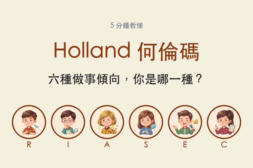 Holland 何倫碼 RIASEC 六型職場人格：實踐者、思考者、創造者、助人者、影響者、組織者插畫